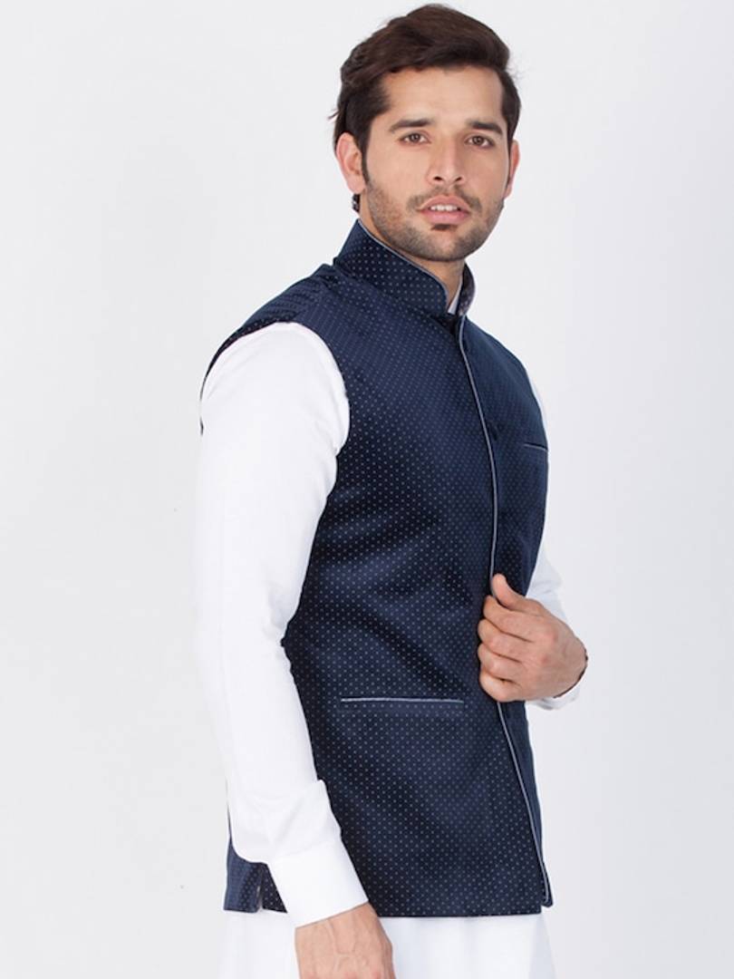 Men's Navy Blue 
Cotton Blend
 Printed Nehru Jackets